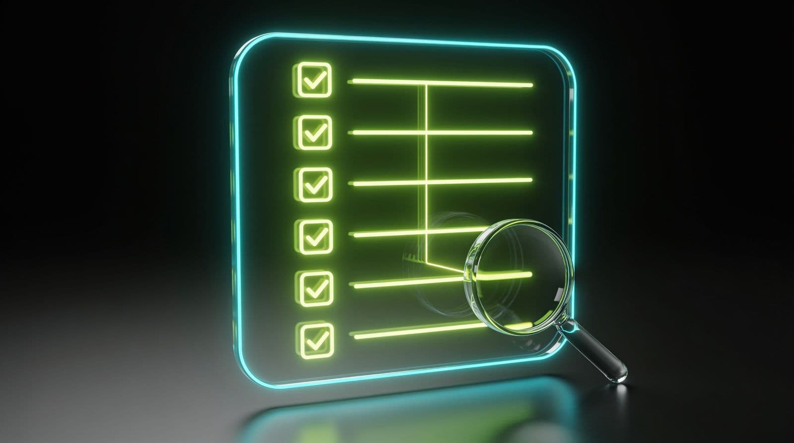A glass checklist panel glowing in lime and cyan on a black background, a column of ticked boxes with a glass magnifying glass resting against it