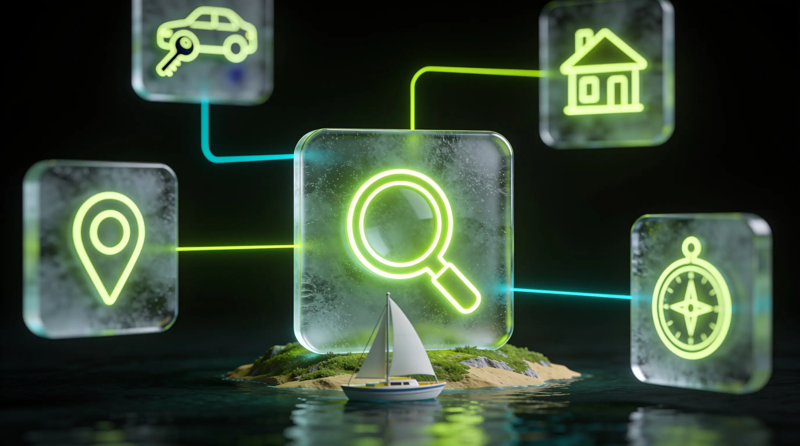 Abstract render on a black background: a frosted glass tile with a lime neon magnifying glass over a small island and a sailboat, linked by light lines to tiles for a car key, a house, a map pin and a compass