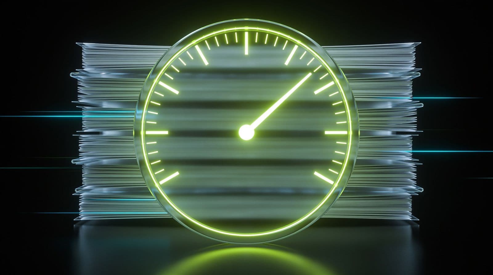 An abstract glass gauge with a glowing lime needle on a black background, a stack of translucent page layers behind it and thin cyan light trails suggesting speed